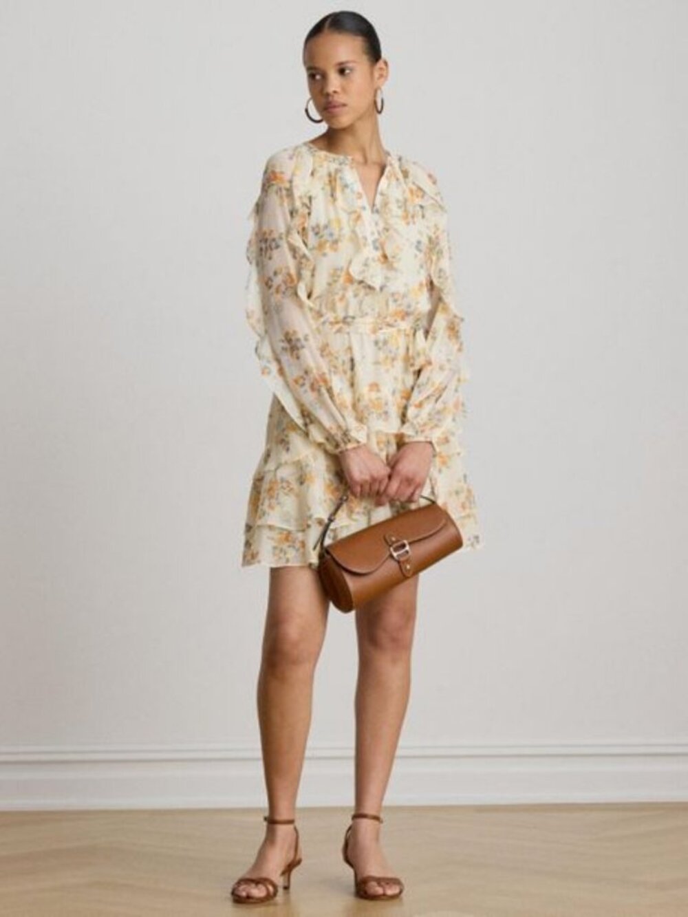Lauren Ralph Lauren Dress Womens 8 White Floral Ruffle Tiered Chiffon $195